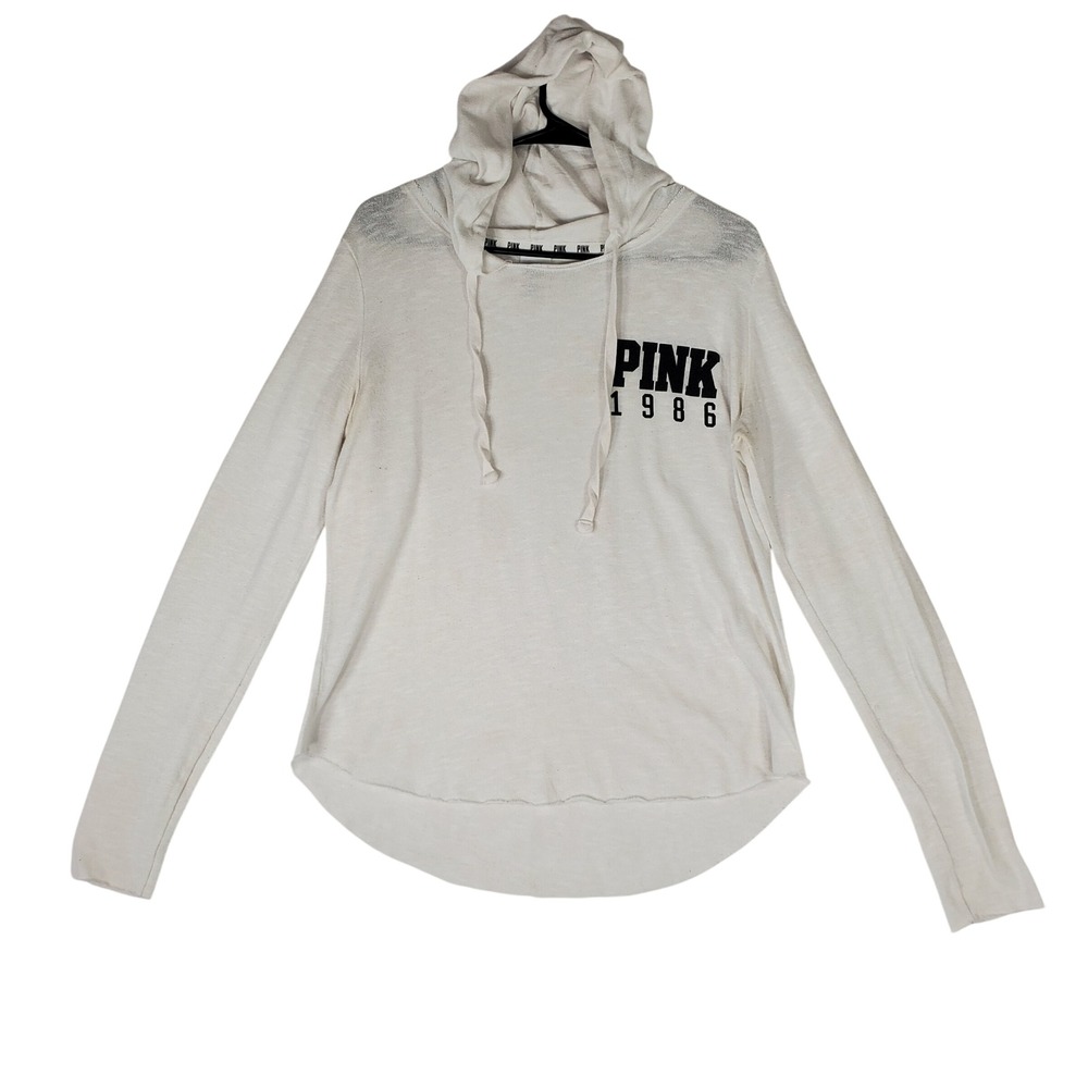 PINK Victoria's Secret Women White Slub Knit Graphic Hoodie Size M 1986 Logo